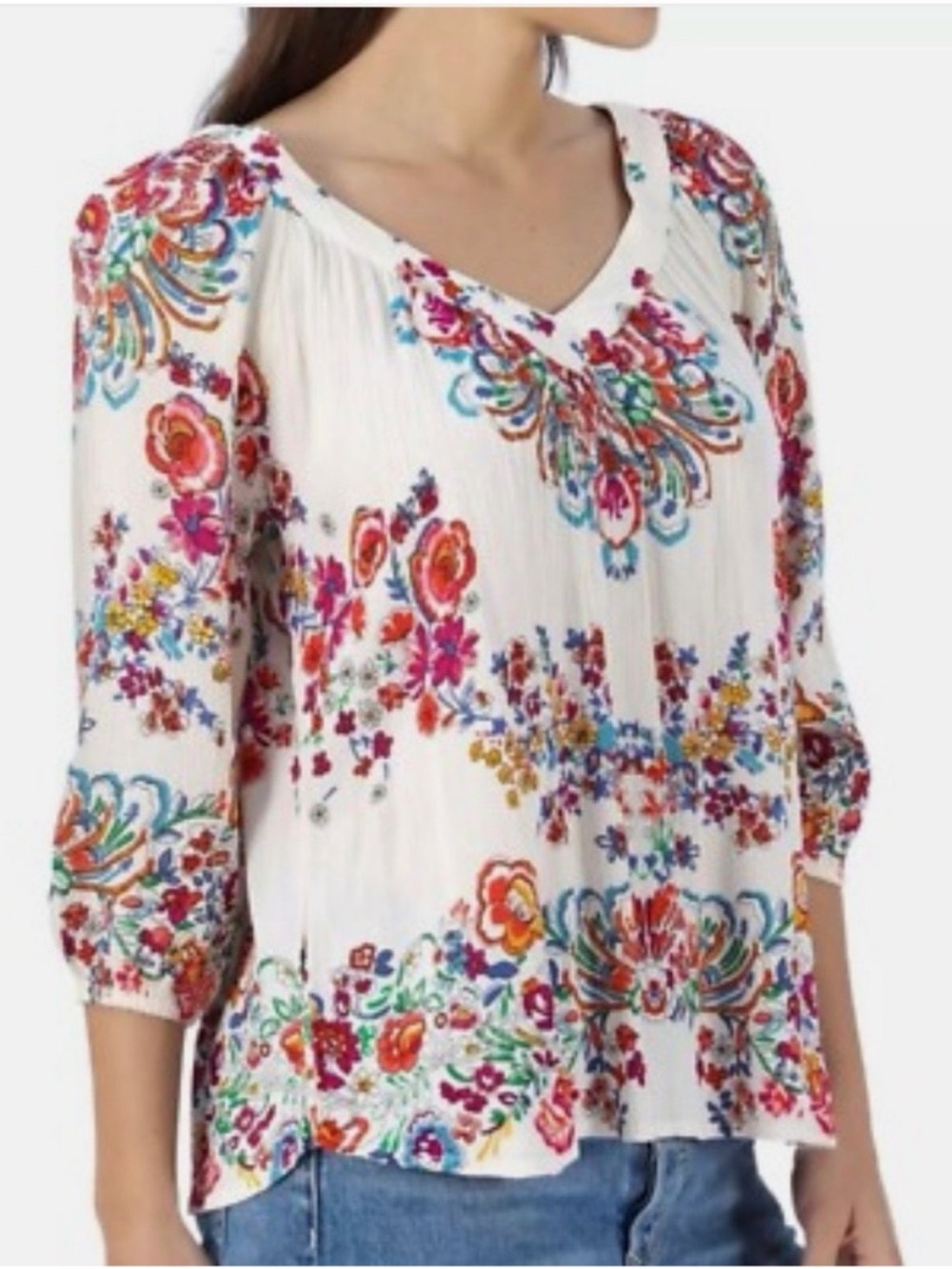 Bila V-Neck Peasant Multicolor Floral Embroidery Boho Top Women’s Large